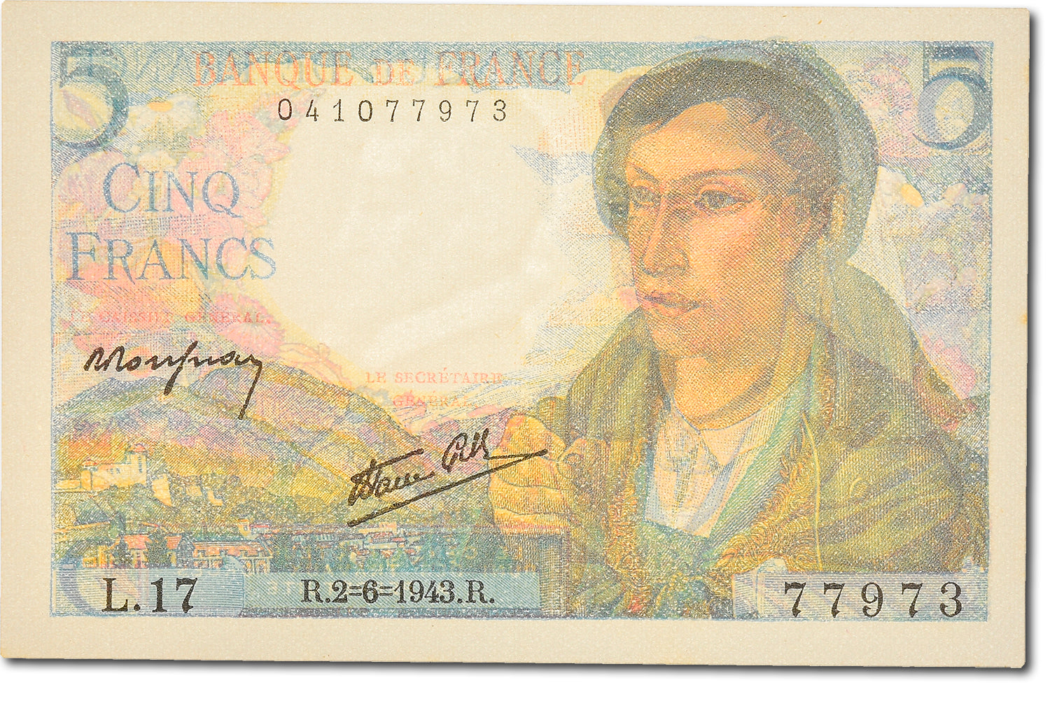 Banknote, France, 5 Francs, 5 F 1943-1947 ''Berger'', 1943, 1943-06-02