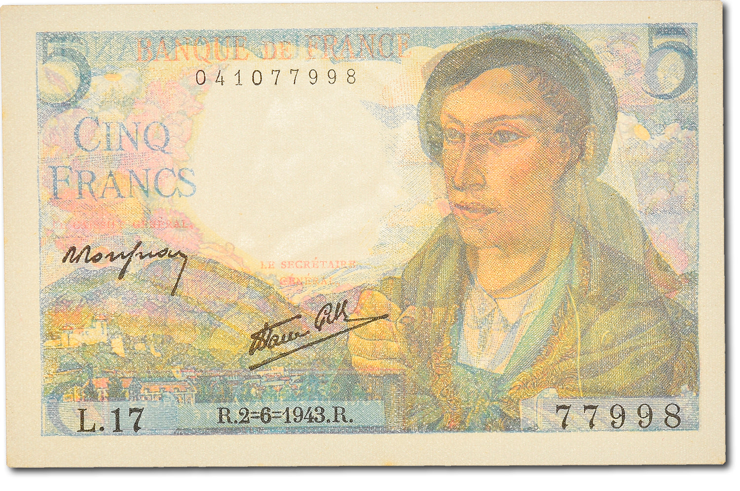 Banknote, France, 5 Francs, 5 F 1943-1947 ''Berger'', 1943, 1943-06-02
