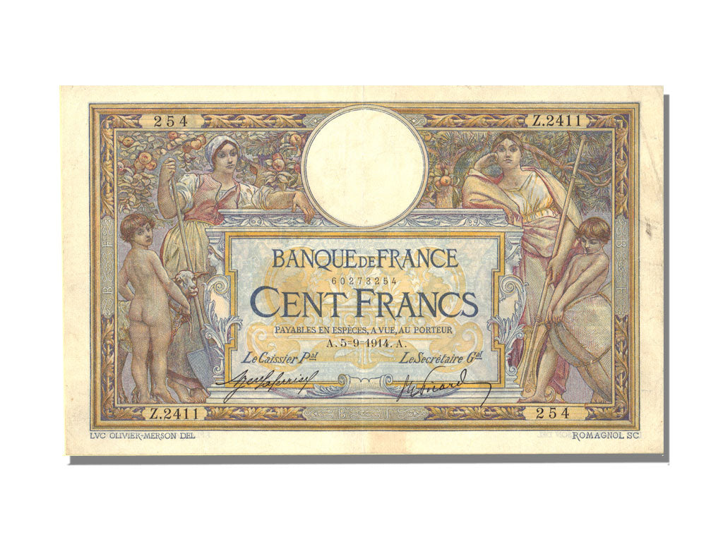 France, 100 Francs, 100 F 1908-1939 ''Luc Olivier Merson'', 1914, KM #71a,...