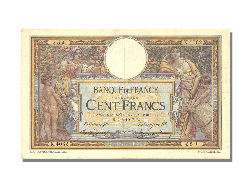 France, 100 Francs, 100 F 1908-1939 ''Luc Olivier Merson'', 1917, KM #71a,...