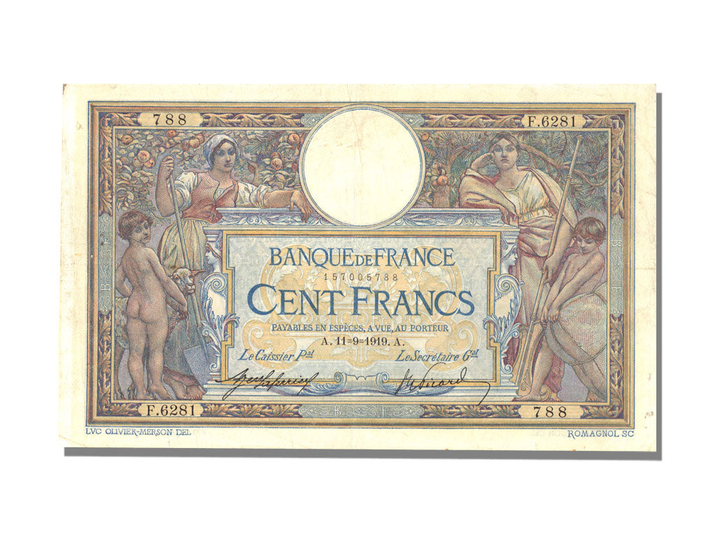 Banknote, France, 100 Francs, 100 F 1908-1939 ''Luc Olivier Merson'', 1919