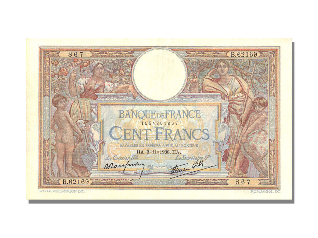 FRANCE, 100 Francs, 1938, KM #86b, 1938-11-03, AU(55-58), Fayette #25.34