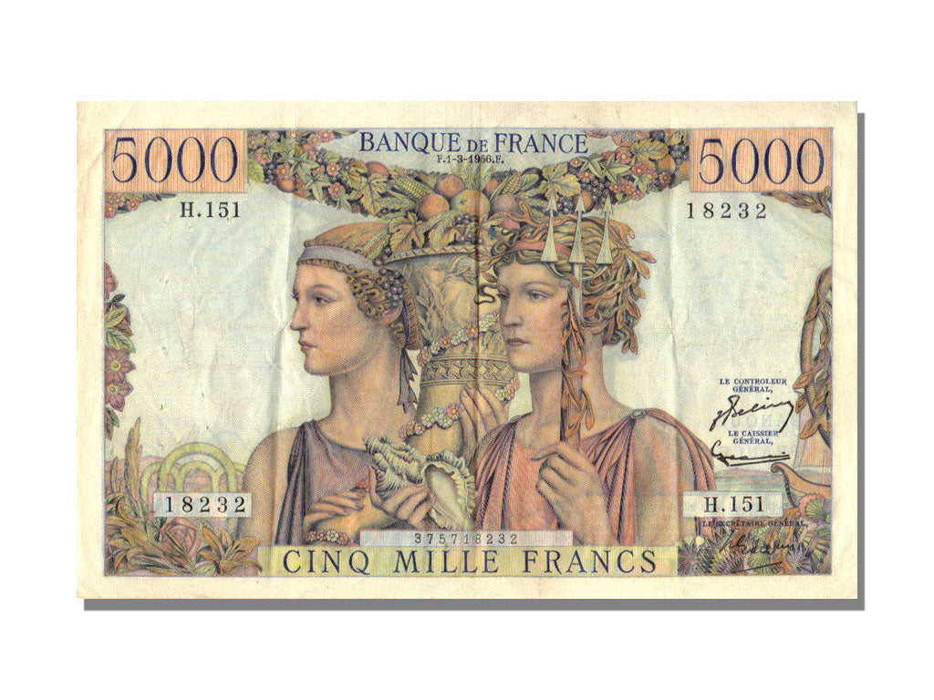 France, 5000 Francs, 5 000 F 1949-1957 ''Terre et Mer'', 1956, KM #131c,...