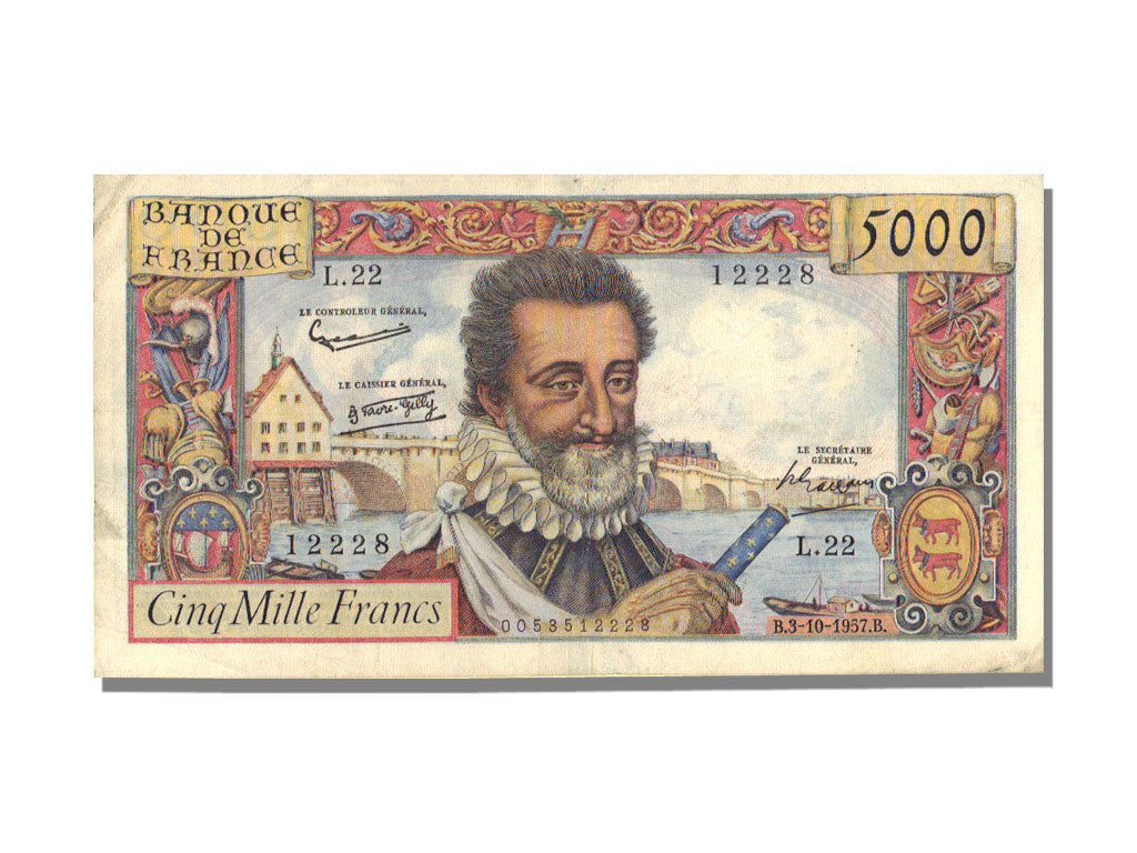 Banknote, France, 5000 Francs, 5 000 F 1957-1958 ''Henri IV'', 1957, 1957-10-03