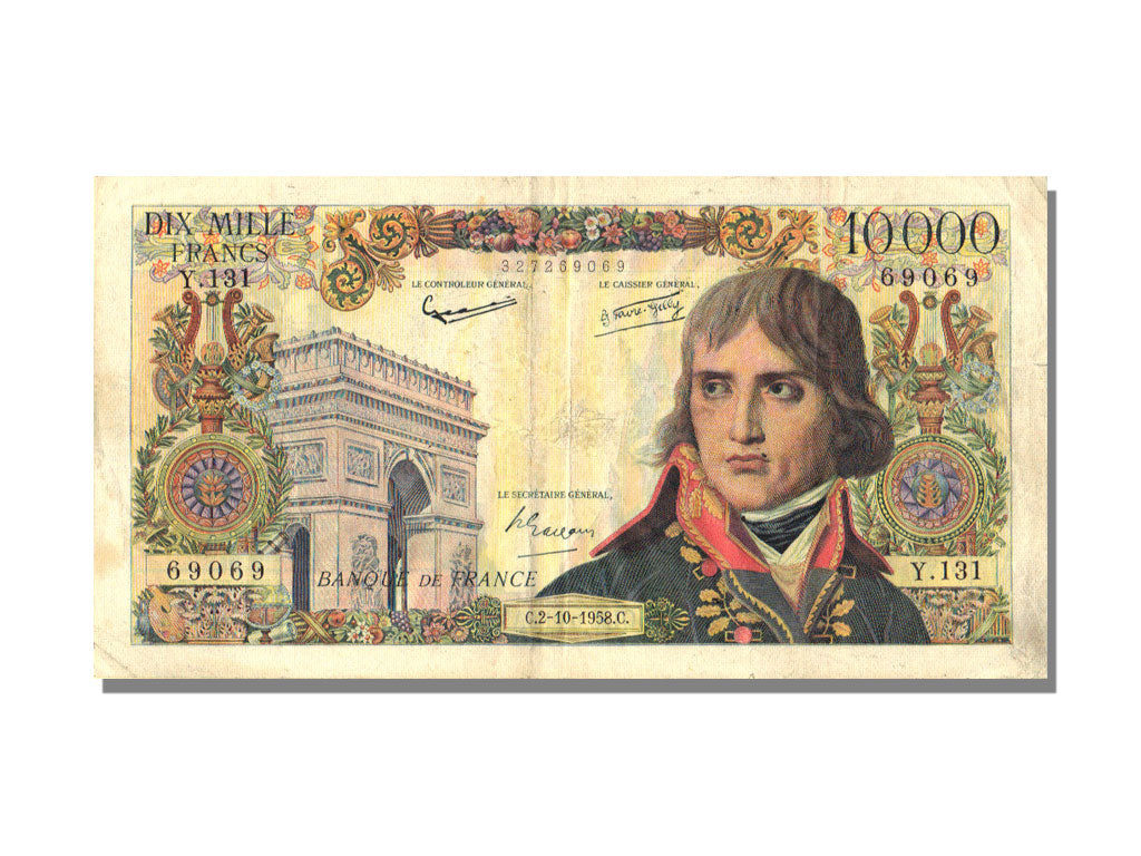 FRANCE, 10 000 Francs, 1958, KM #136b, 1958-10-02, VF(30-35), Fayette #51.13
