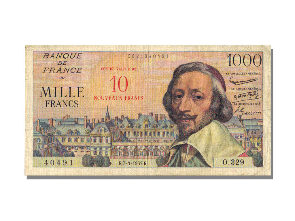 France, 10 Nouveaux Francs on 1000 Francs, 1955-1959 Overprinted with...