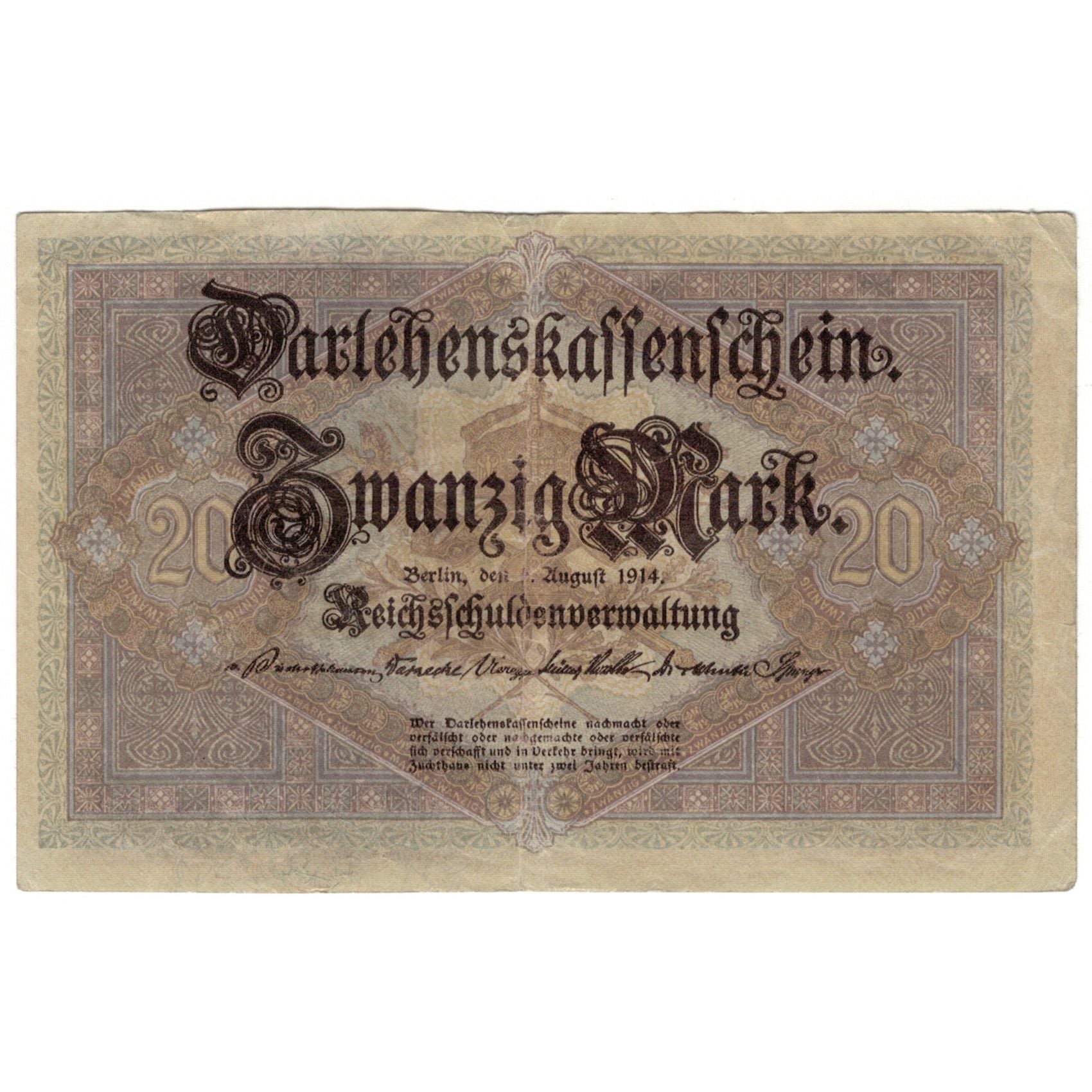 Banknote, Germany, 20 Mark, 1914, 1914-08-05, KM:48b, VF(20-25)
