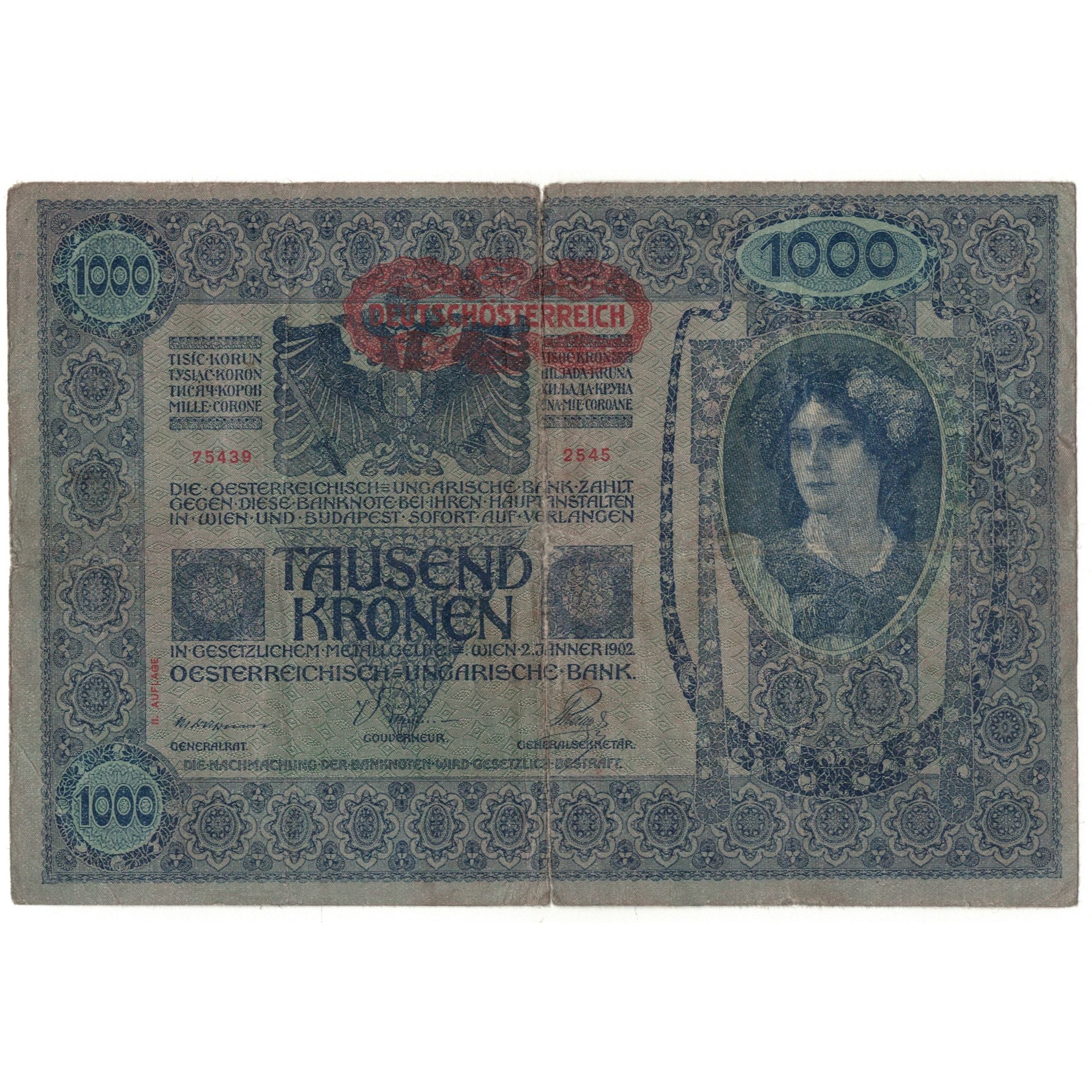 Banknot, Austria, 1000 Kronen, 1902, 1922-01-02, KM:60, VG(8-10)