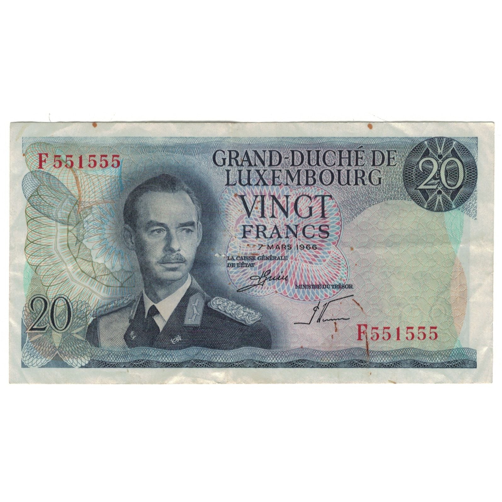 Banknote, Luxembourg, 20 Francs, 1966, 1966-03-07, KM:54a, VF(20-25)