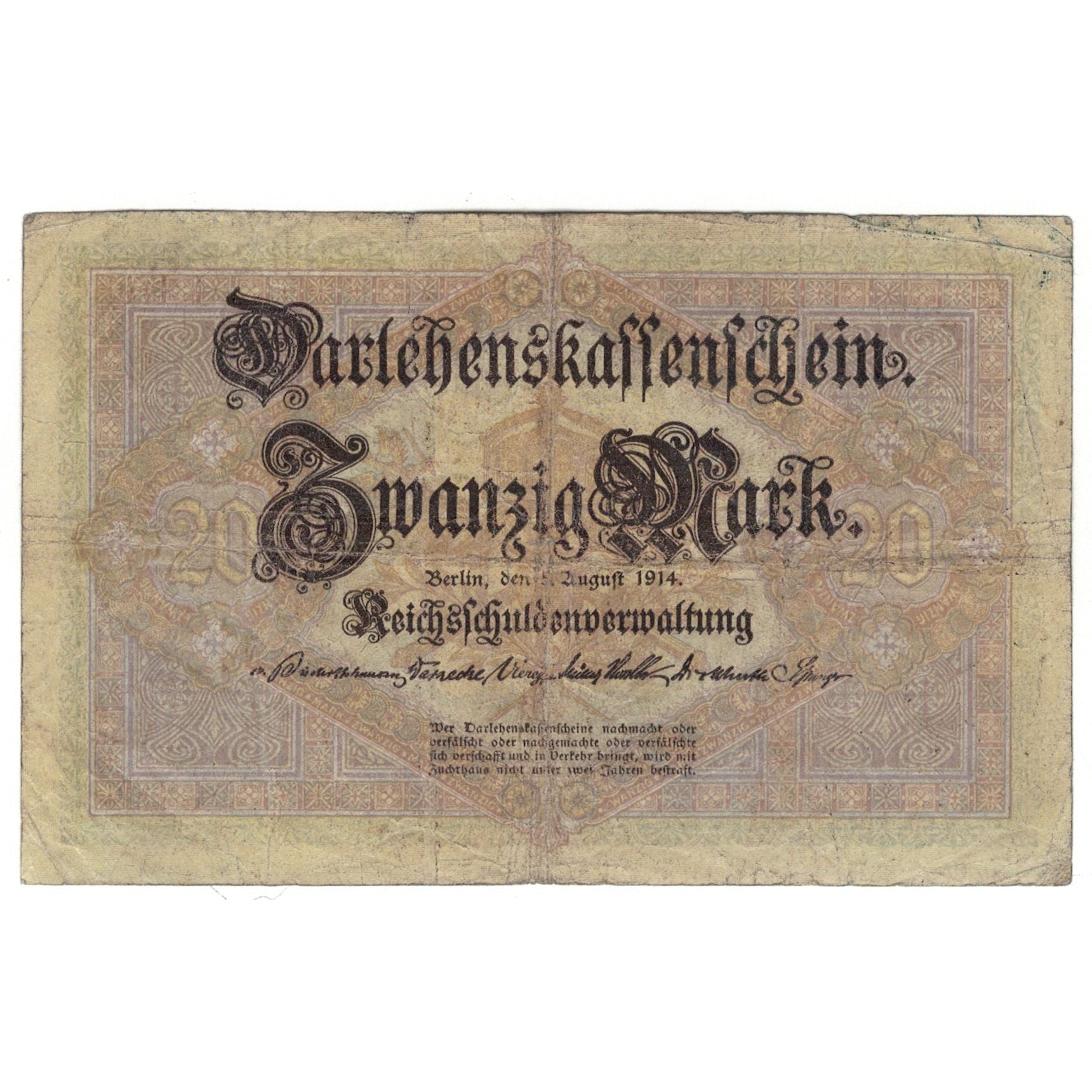 Banknote, Germany, 20 Mark, 1914, 1914-08-05, KM:48b, VG(8-10)