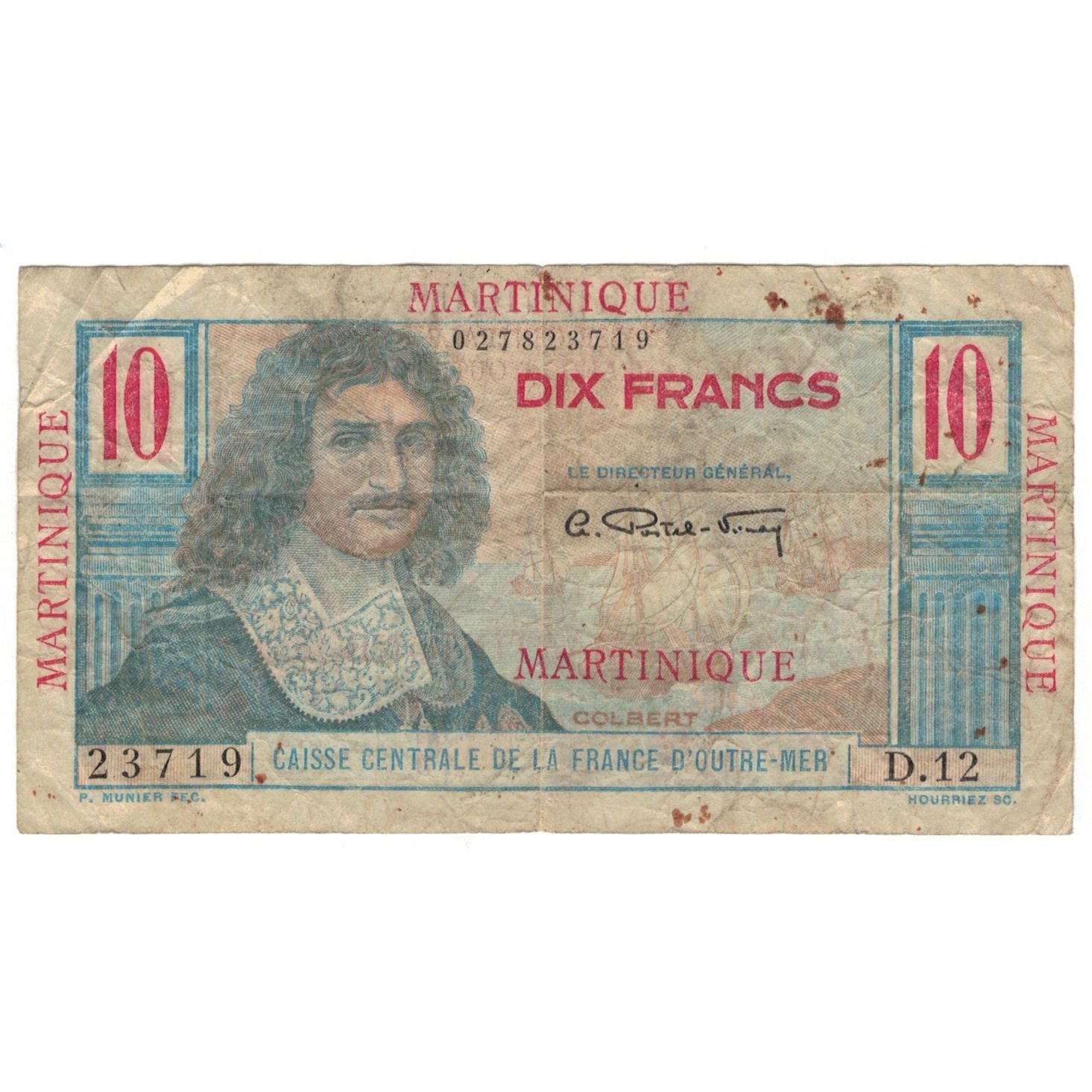 Martinique, 10 Francs, Undated (1947-49), D.12, Colbert, VG(8-10), KM:28