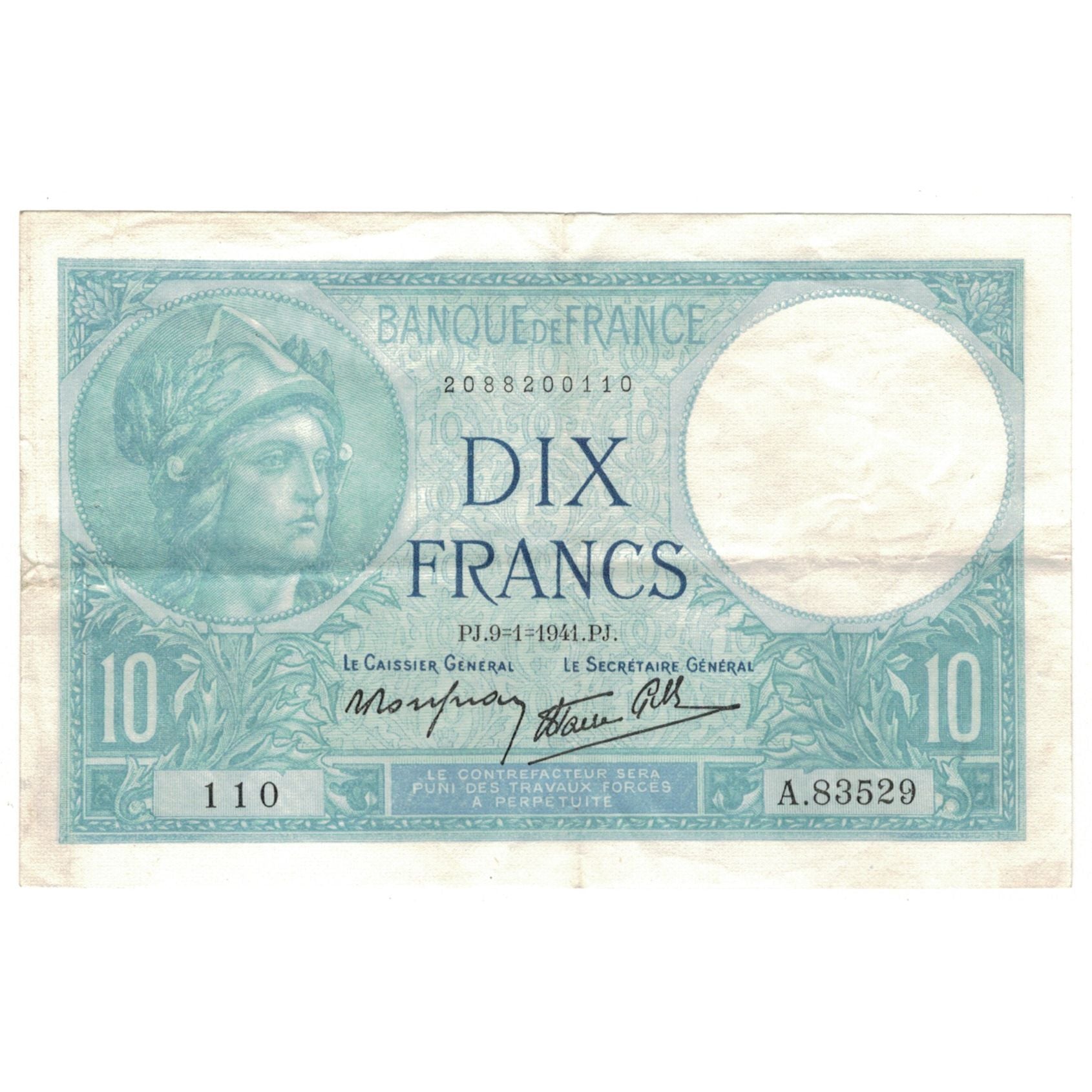 Francia, 10 Francs, Minerve, 1941, A.83529, BB, Fayette:7.27, KM:84