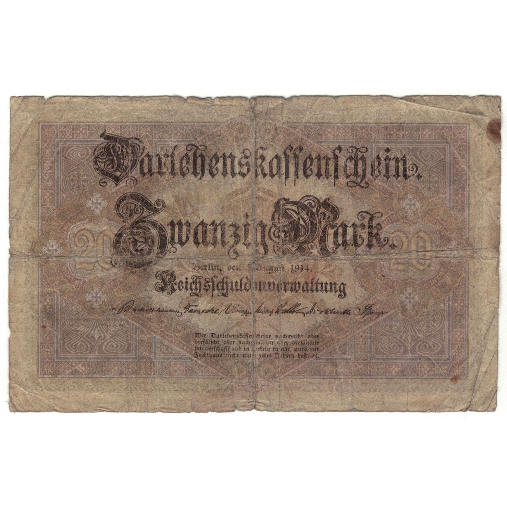 Banknote, Germany, 20 Mark, 1914, 1914-08-05, KM:48b, AG(1-3)