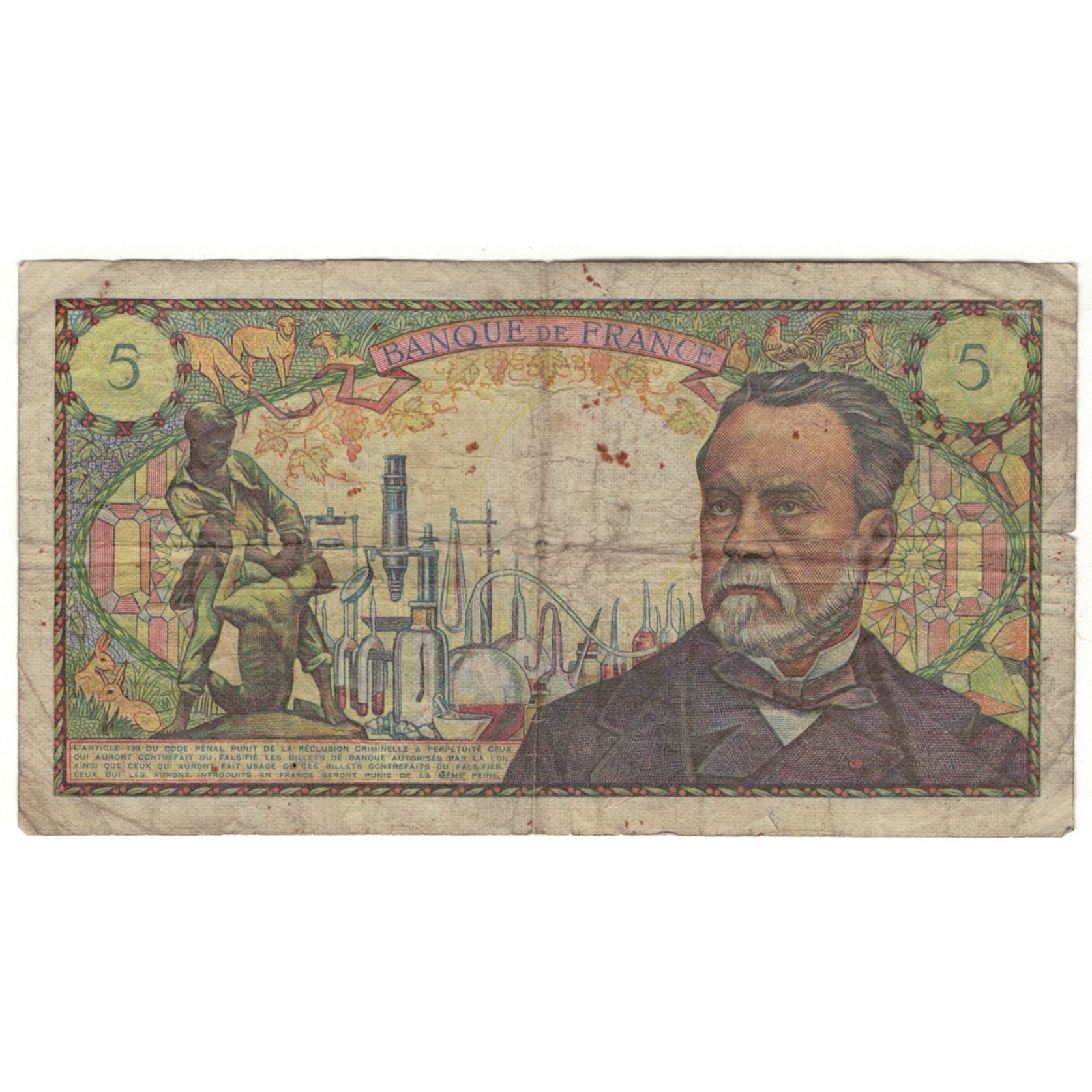 France, 5 Francs, Pasteur, 1969, R.113, VG(8-10), Fayette:61.11, KM:146b