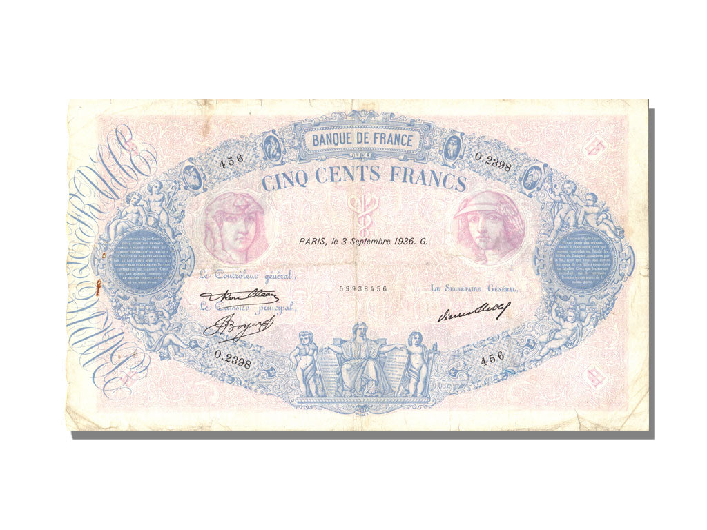 France, 500 Francs, 500 F 1888-1940 ''Bleu et Rose'', 1936, KM #66m,...