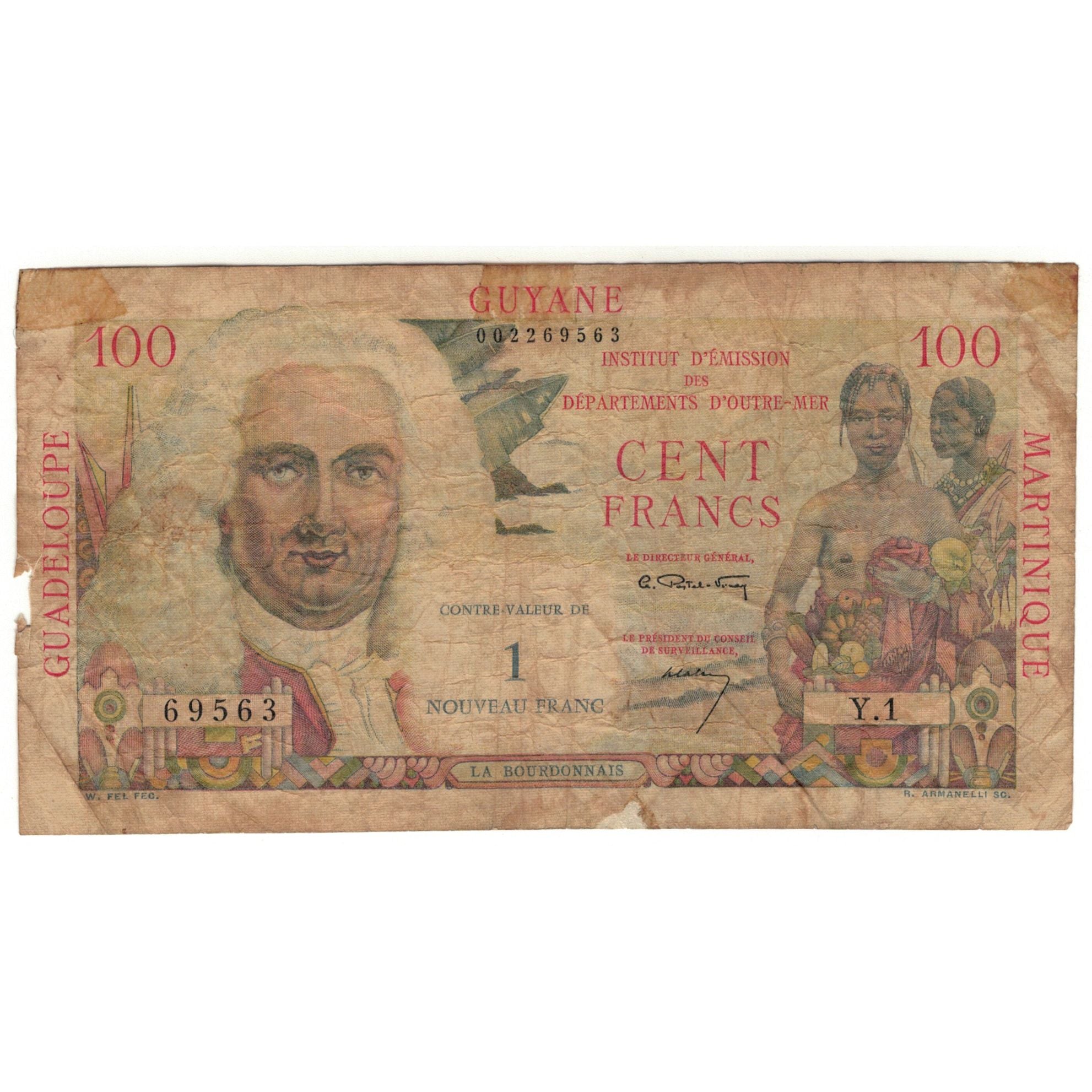 French Antilles, 1 Nouveau Franc on 100 Francs, Undated (1961), Y.1, SGE, KM:1a