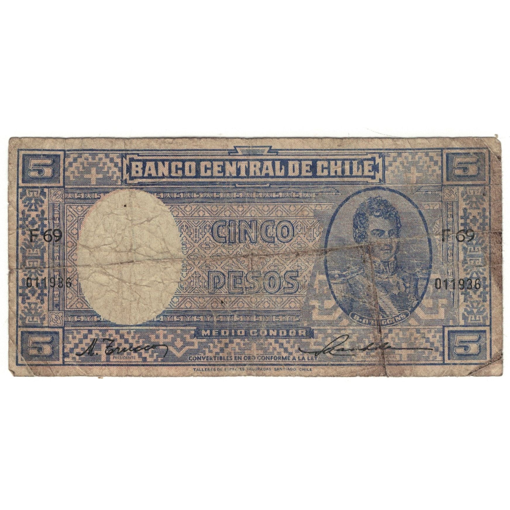 Banknote, Chile, 5 Pesos = 1/2 Condor, KM:119, AG(1-3)