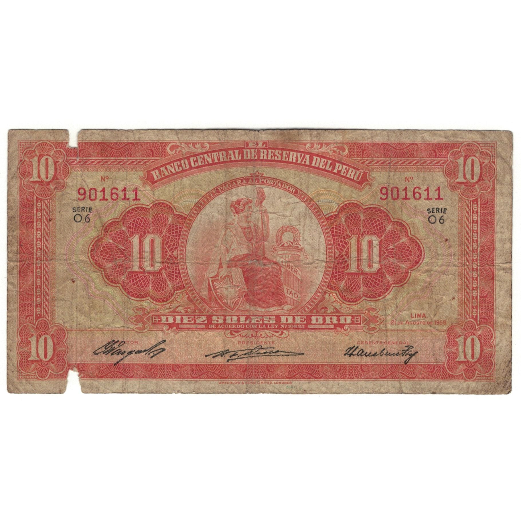 Banknote, Peru, 10 Soles, 1958, 1958-08-21, KM:82, AG(1-3)