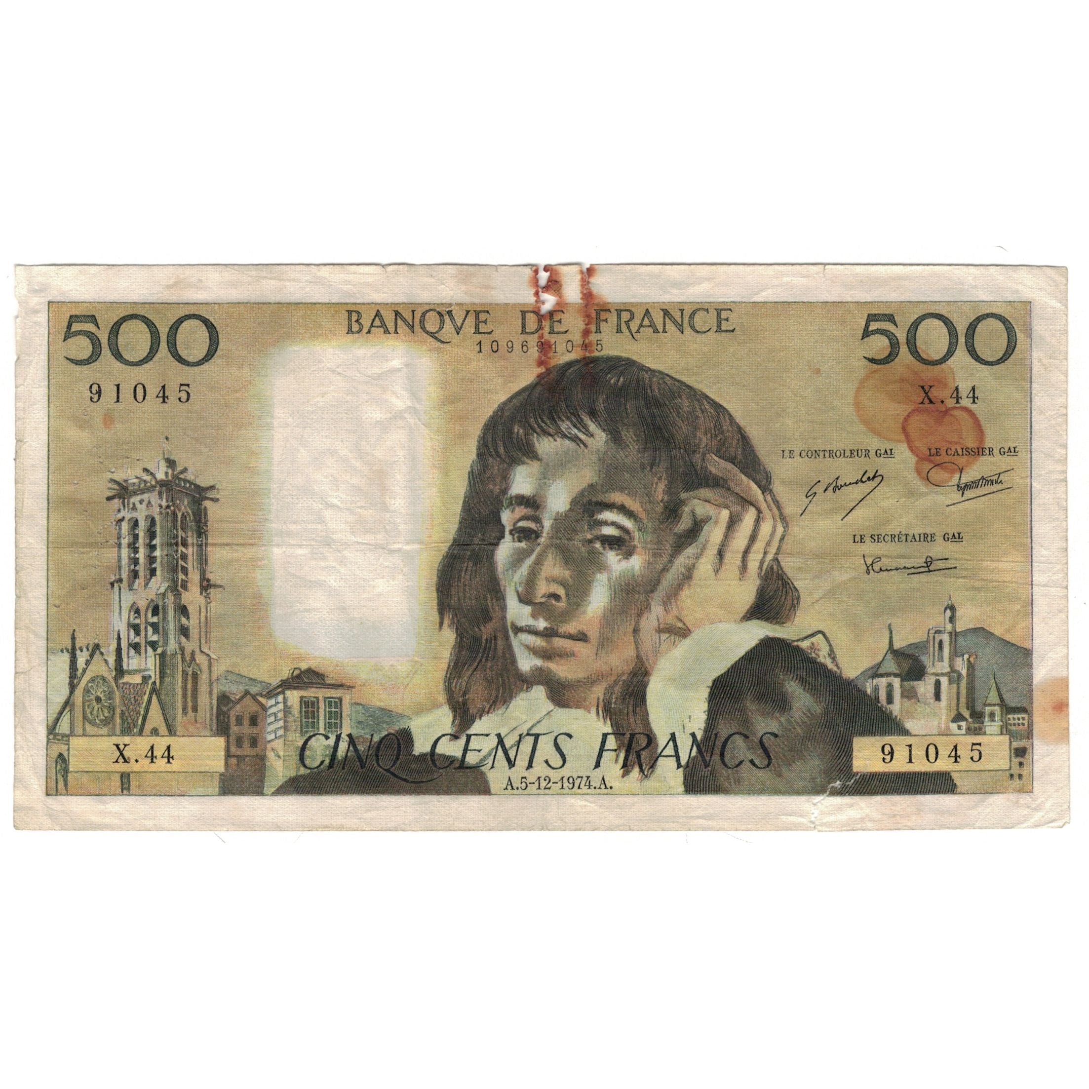 France, 500 Francs, Pascal, X.44, B, Fayette:71.12, KM:156c