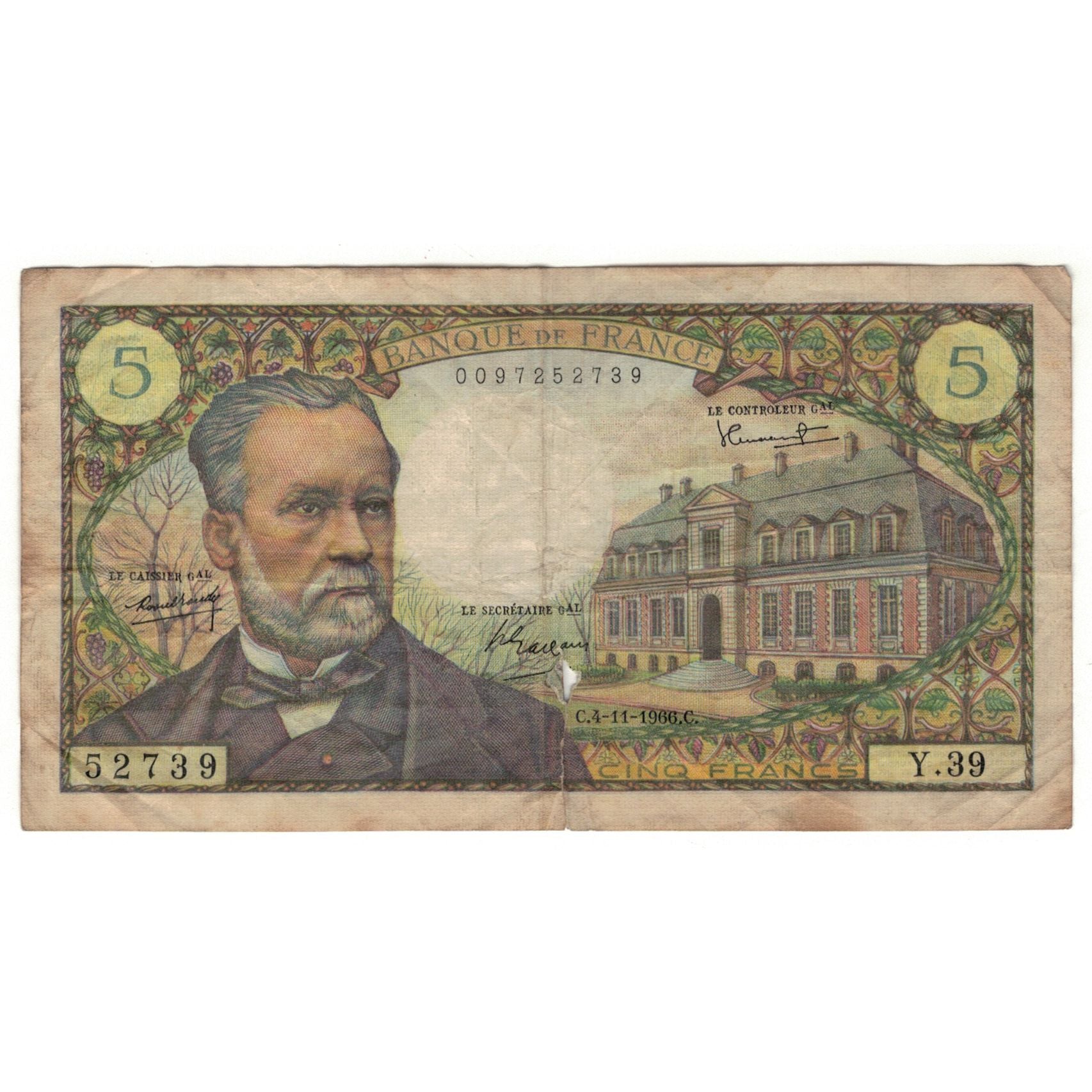 France, 5 Francs, Pasteur, 1966, Y.39, VG(8-10), Fayette:61.4, KM:146a