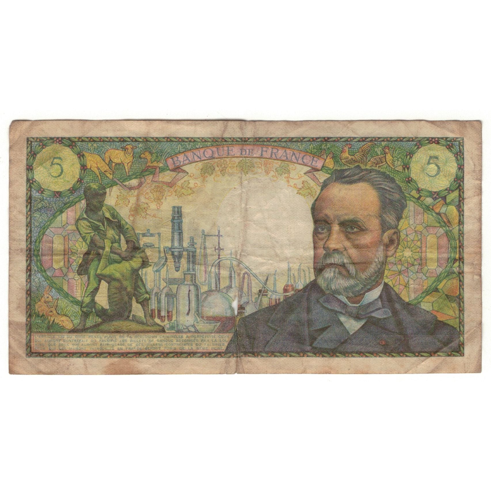 France, 5 Francs, Pasteur, 1966, Y.39, VG(8-10), Fayette:61.4, KM:146a