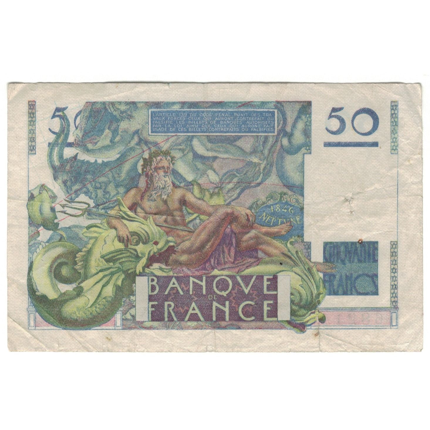 France, 50 Francs, Le Verrier, 1946, F.38, VF(20-25), Fayette:20.6, KM:127a