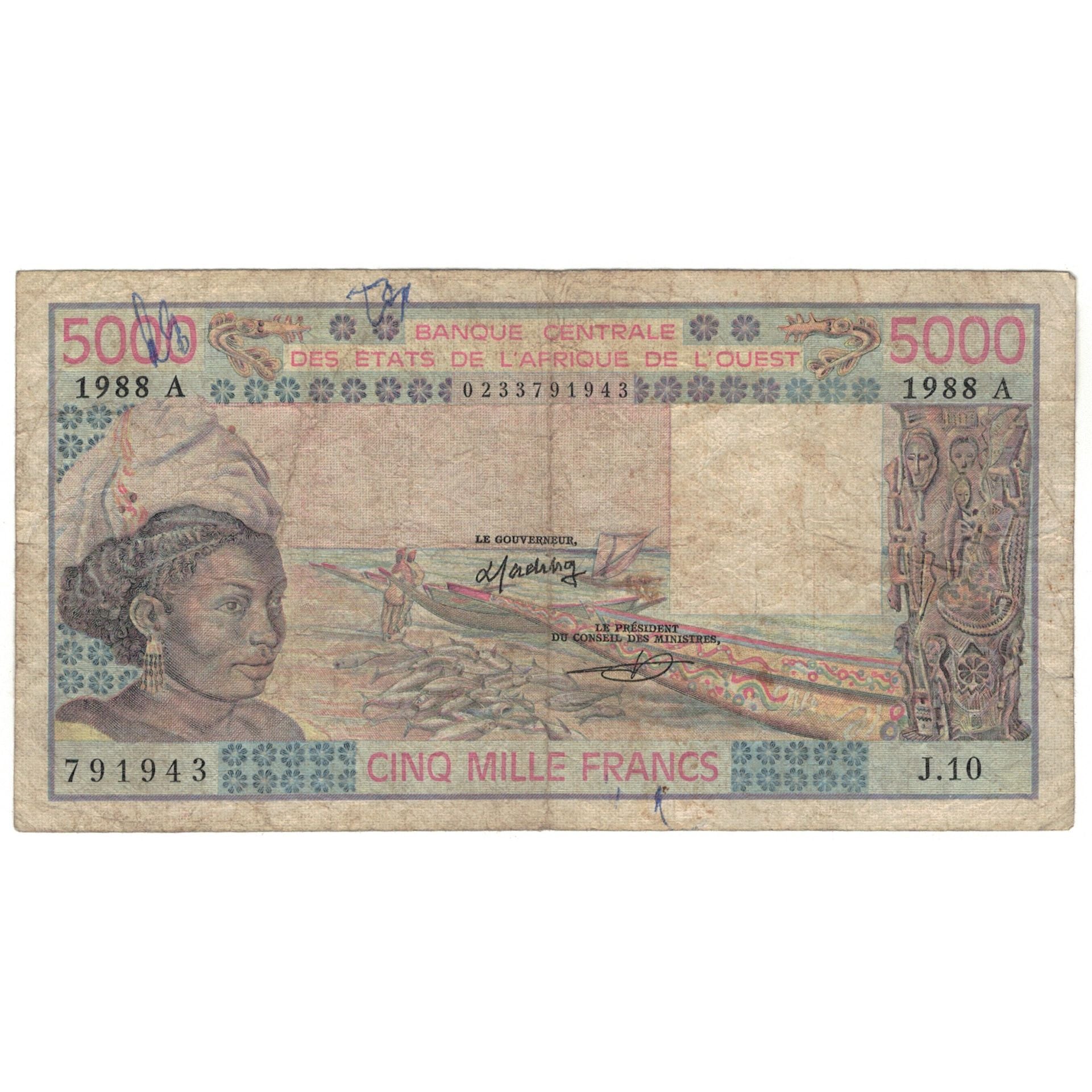 Banknote, West African States, 5000 Francs, 1983, KM:708Kh, VG(8-10)