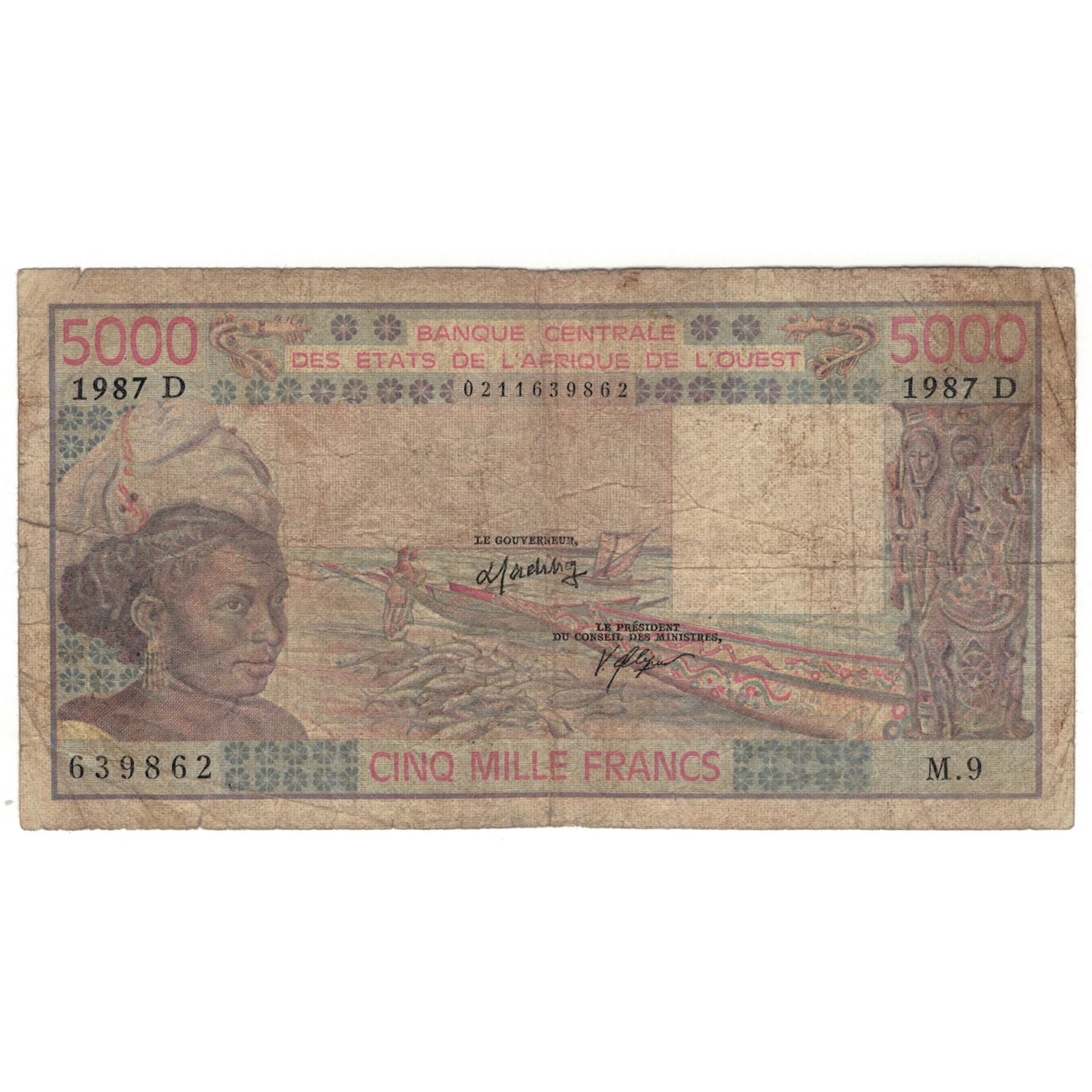 Banknote, West African States, 5000 Francs, 1983, KM:708Kh, AG(1-3)