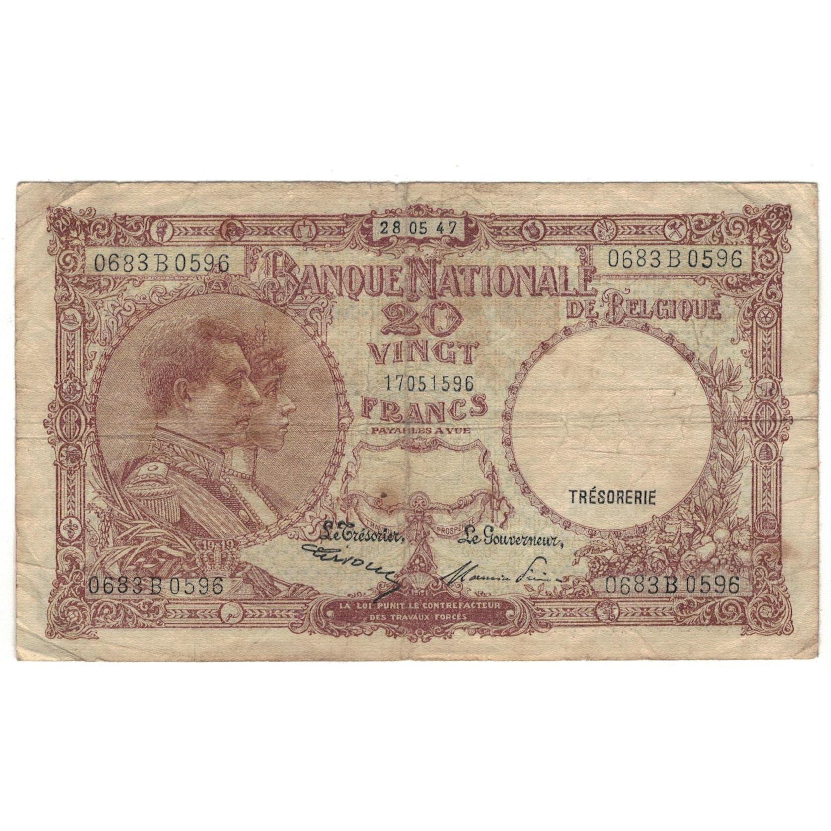 Banknote, Belgium, 20 Francs, 1947, 1947-05-28, KM:111, VG(8-10)