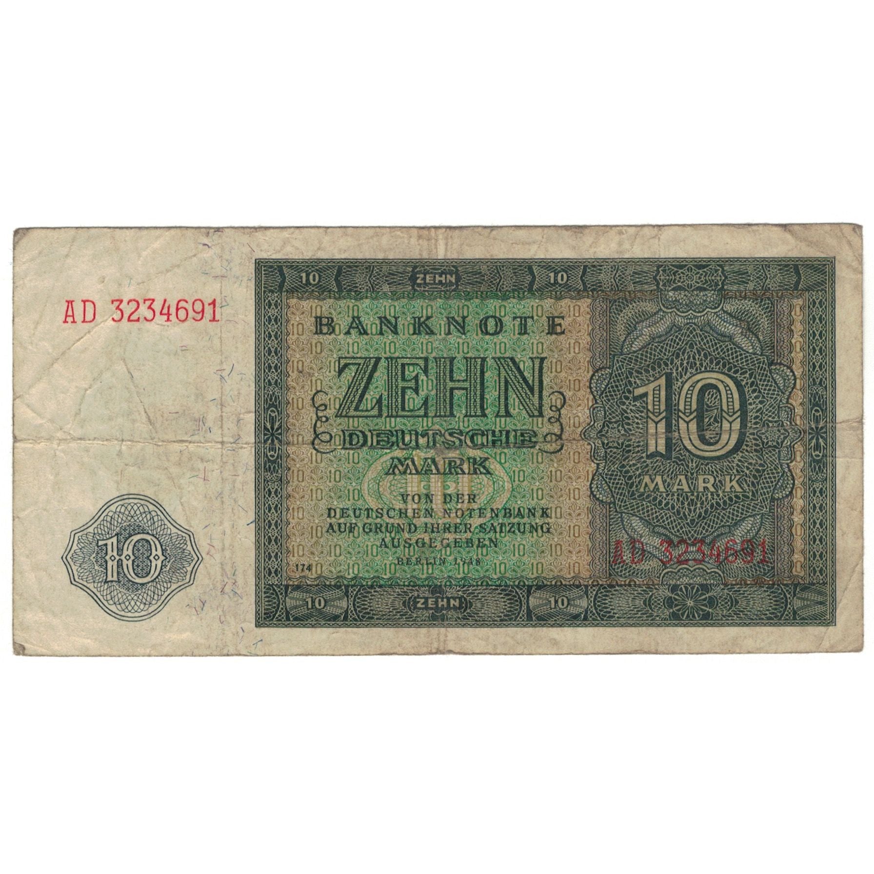 Geldschein, Deutsche Demokratische Republik, 10 Deutsche Mark, 1948, KM:12a, SGE