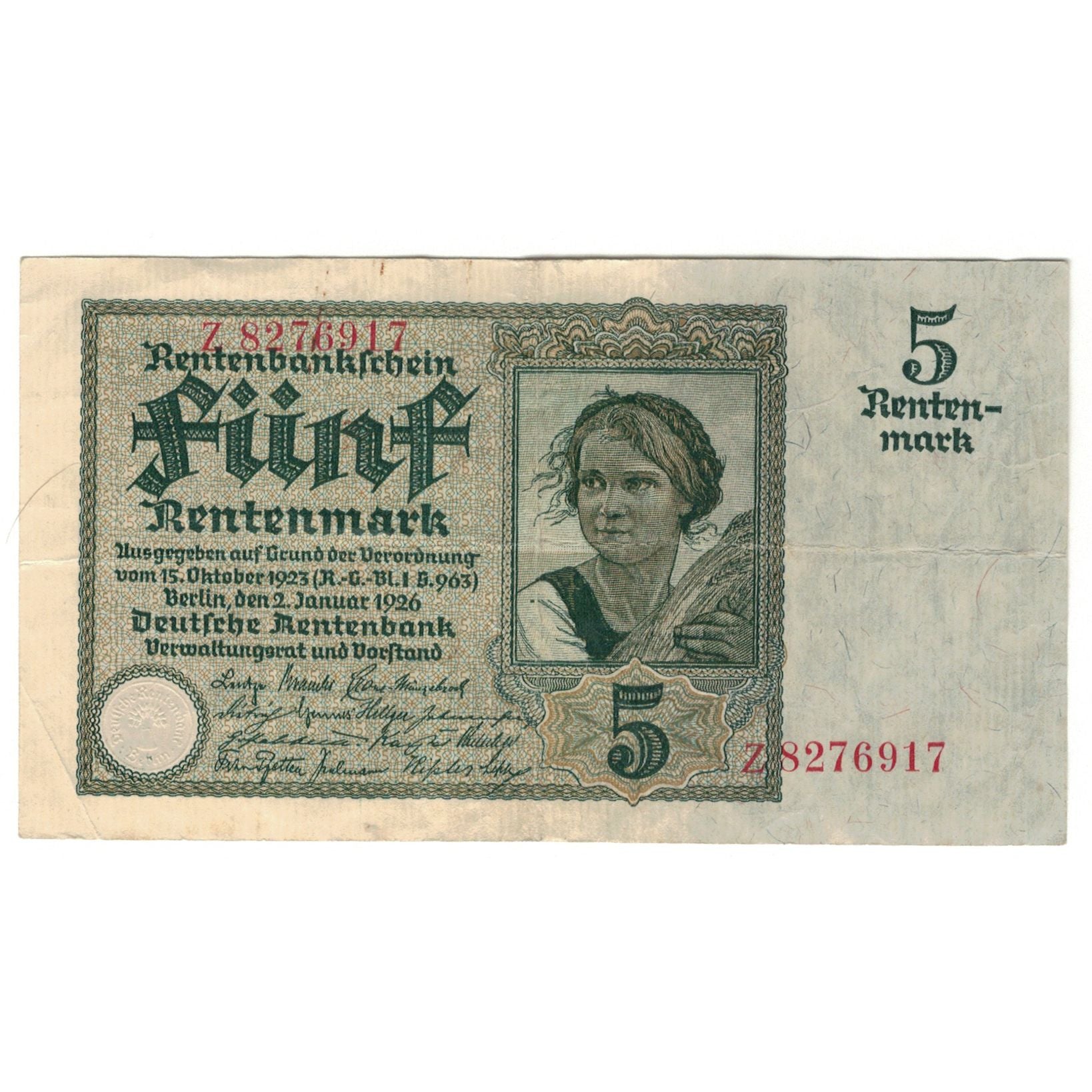 Banknote, Germany, 5 Rentenmark, 1926, 1926-01-02, KM:169, VF(20-25)