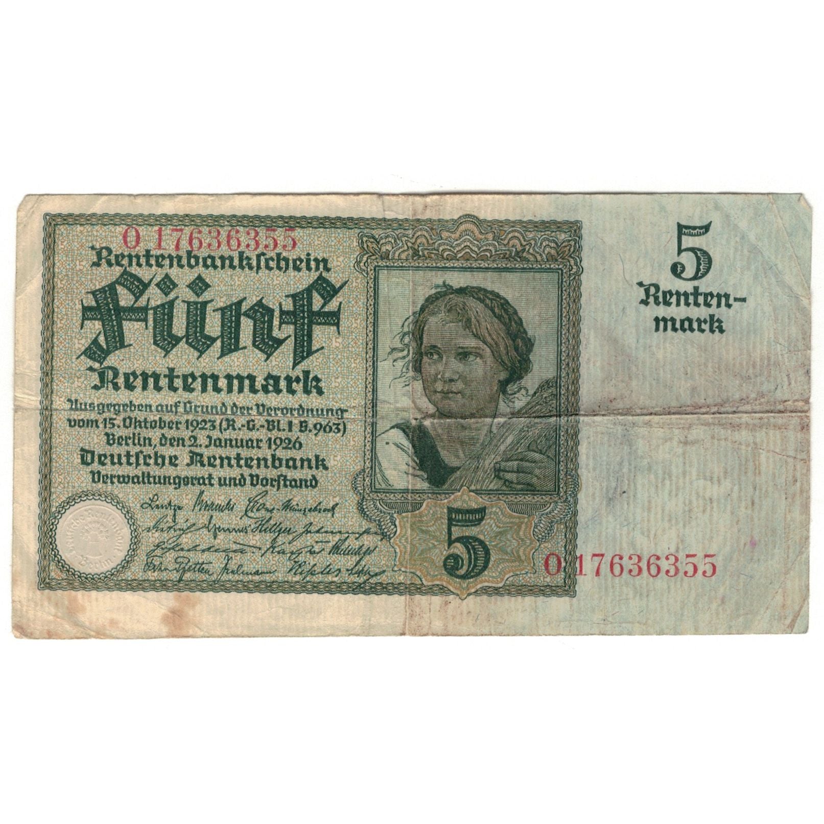 Banknote, Germany, 5 Rentenmark, 1926, 1926-01-02, KM:169, VG(8-10)