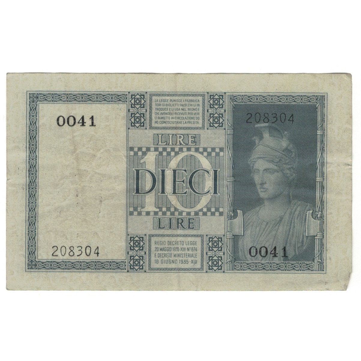 Banconote, Italia, 10 Lire, 1935, KM:25c, B