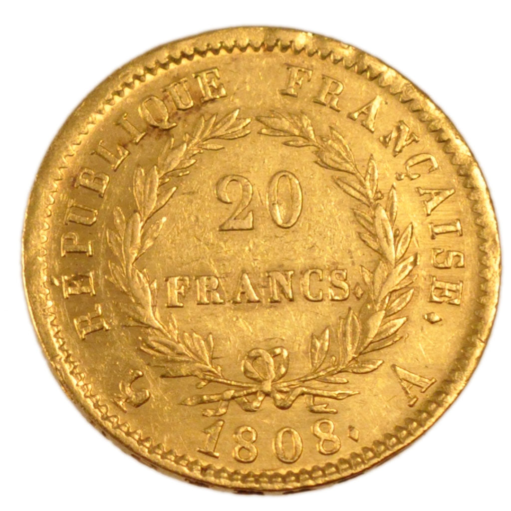FRANCE, Napoléon I, 20 Francs, 1808, Paris, AU(55-58), Gold, Gadoury #1024, 6.50