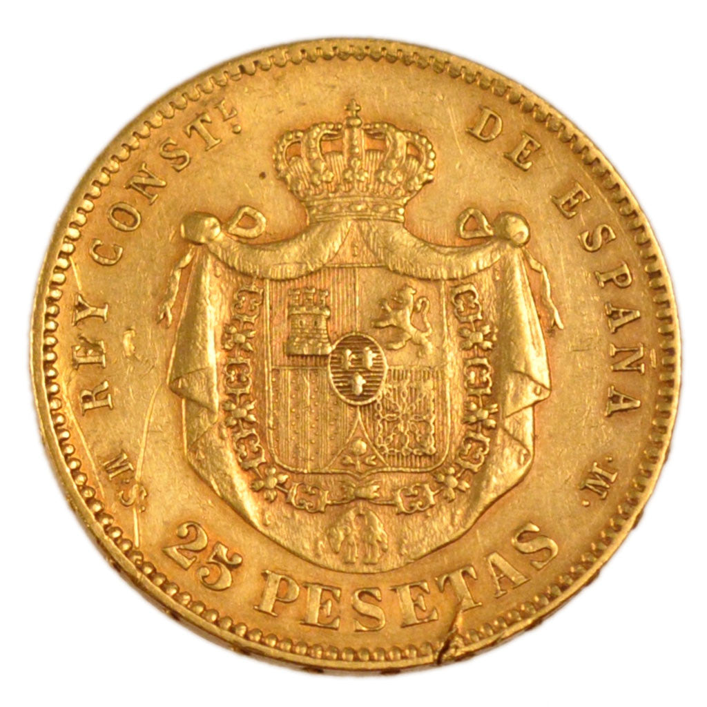 SPAIN, 25 Pesetas, 1884, Madrid, KM #687, AU(50-53), Gold, 8.10