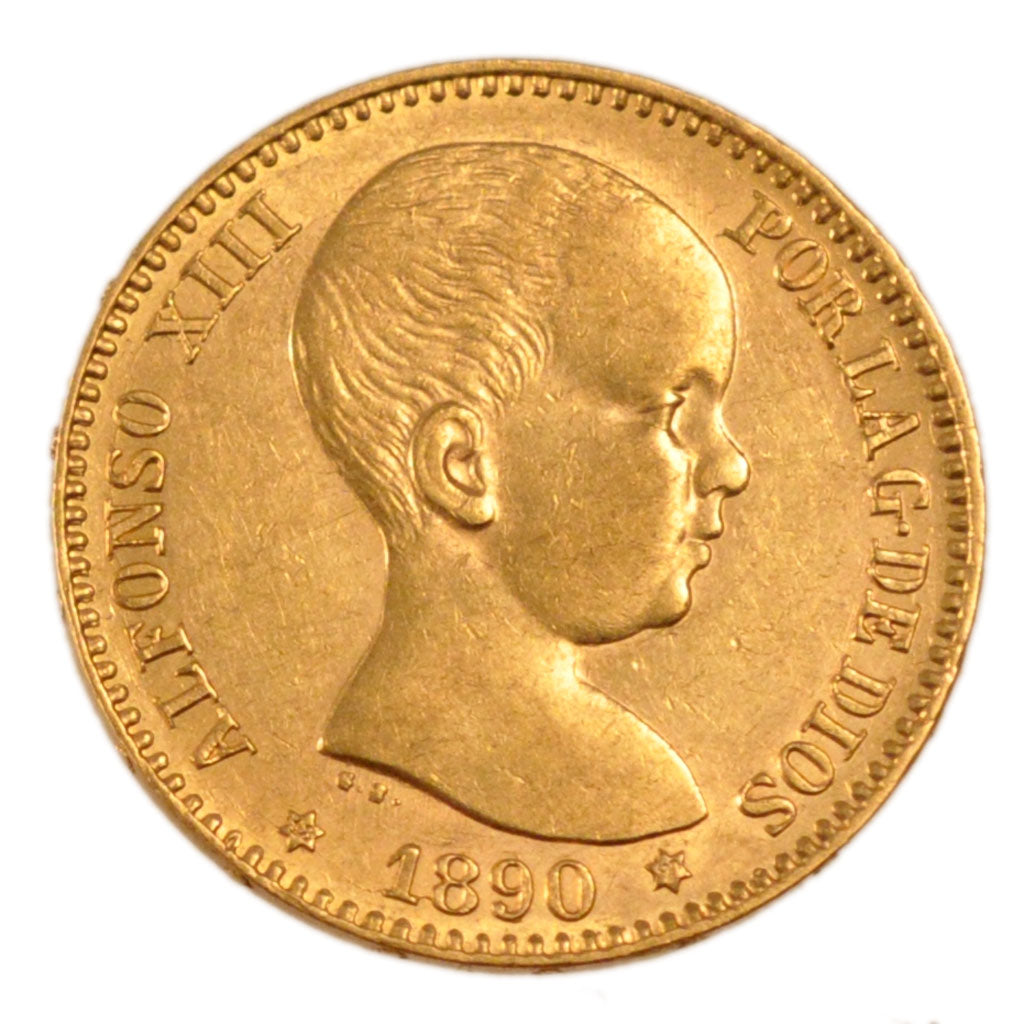 Spain, 20 Pesetas, 1890, KM #693, AU(55-58), Gold, 6.50
