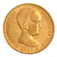 Spain, 20 Pesetas, 1890, KM #693, AU(55-58), Gold, 6.50