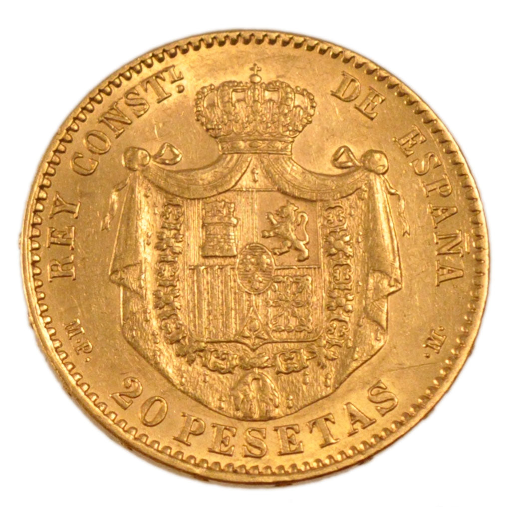 Spain, 20 Pesetas, 1890, KM #693, AU(55-58), Gold, 6.50