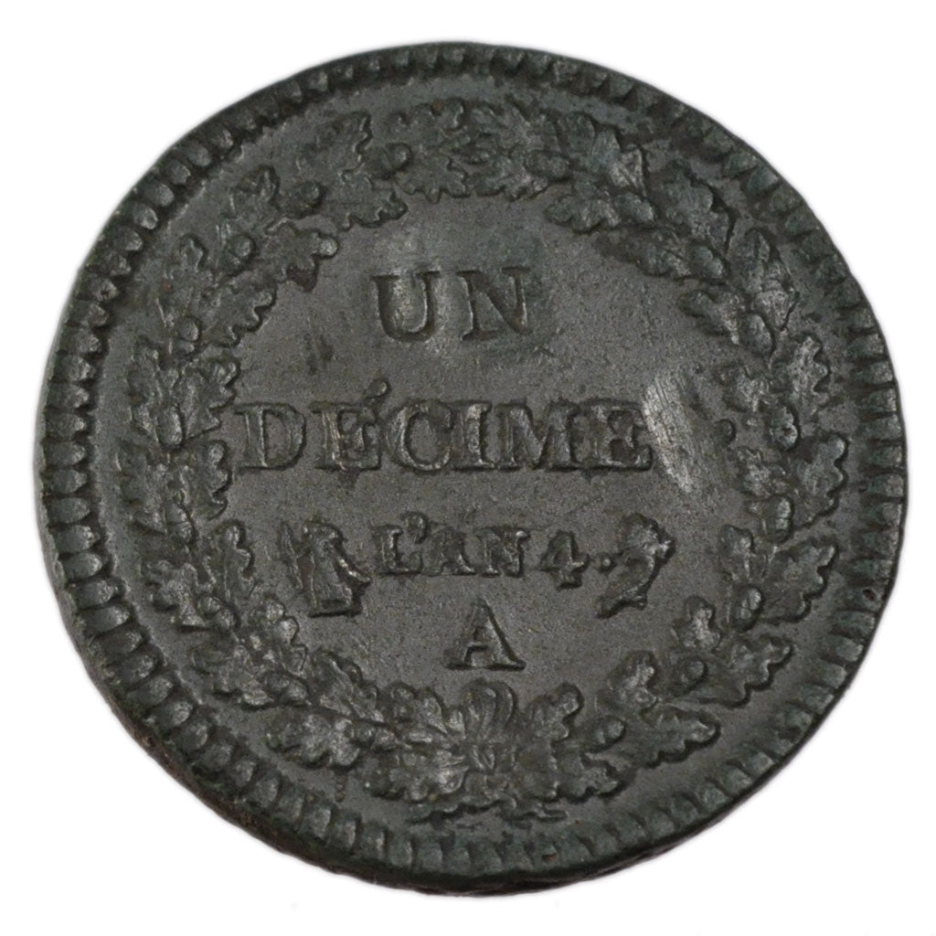 FRANCE, Dupré, Decime, 1796, Paris, KM #637.1, AU(50-53), Bronze, 31, Gadoury #.