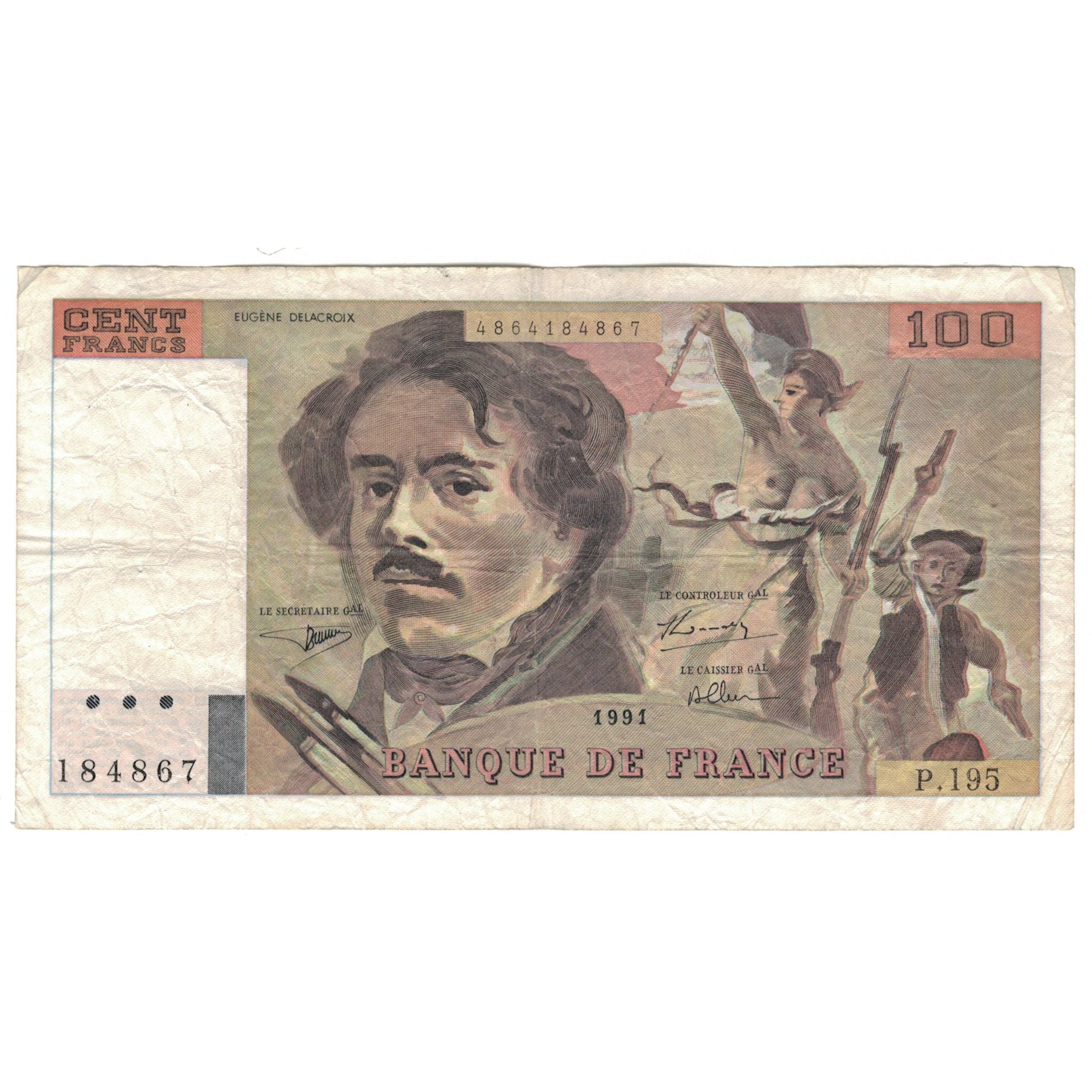 France, 100 Francs, Delacroix, 1991, P.195, F(12-15), Fayette:69bis.04a, KM:154f