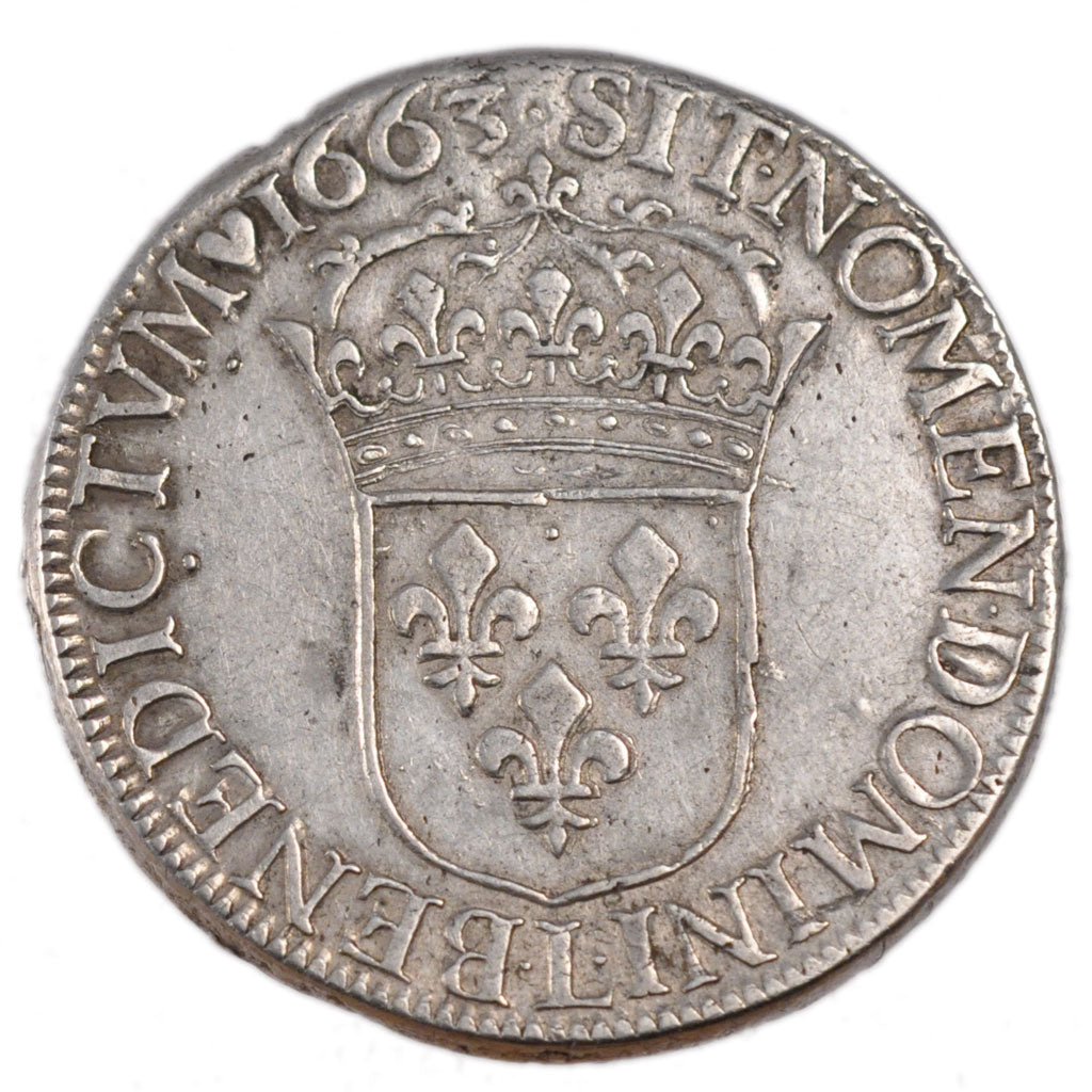 FRANCE, Écu au buste juvénile, ECU, 1663, Bayonne, KM #211.3, AU(50-53), Silver,