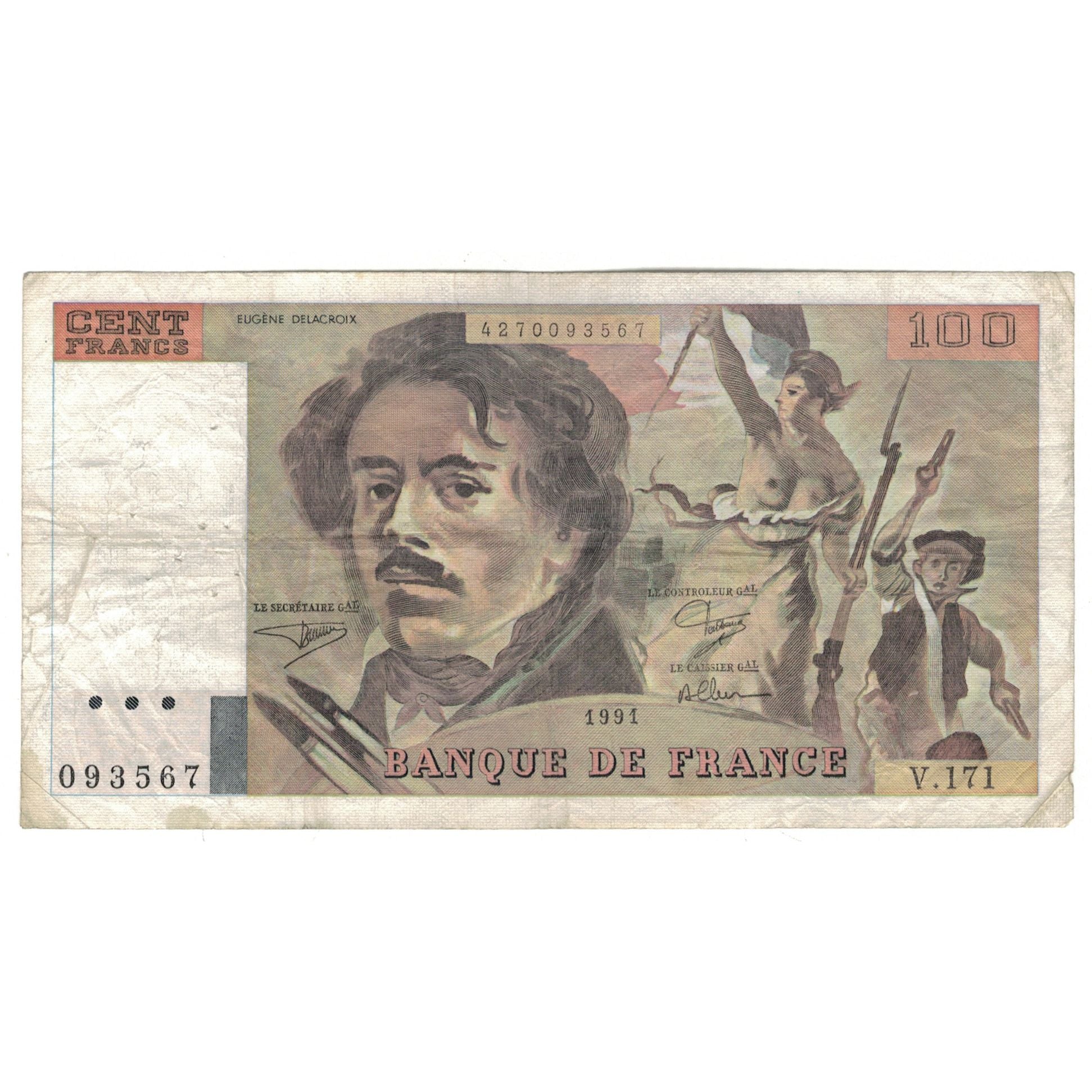France, 100 Francs, Delacroix, 1991, V.171, B, Fayette:69.BIS.03.A.2, KM:154e