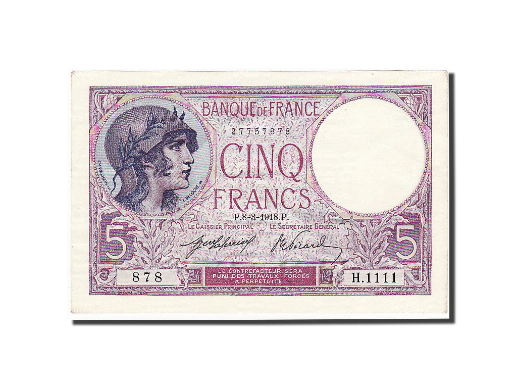 Banknote, France, 5 Francs, 5 F 1917-1940 ''Violet'', 1918, 1918-03-08, UNC(63)
