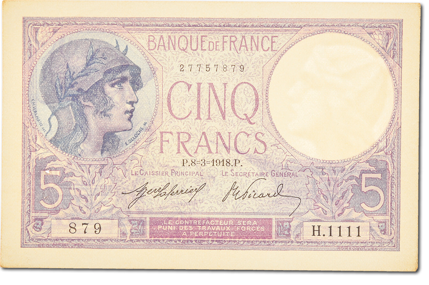 Geldschein, Frankreich, 5 Francs, 5 F 1917-1940 ''Violet'', 1918, 1918-03-08