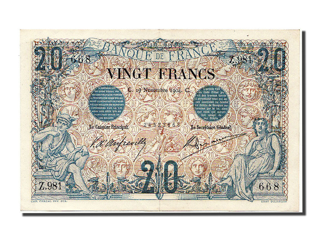France, 20 Francs, 20 F 1874-1905 ''Noir'', 1904, KM #61b, 1904-11-19, UNC(63),.