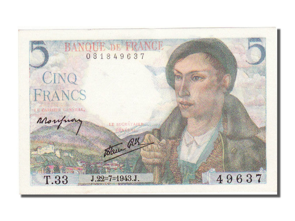 France, 5 Francs, 5 F 1943-1947 ''Berger'', 1943, KM #98a, 1943-07-22,...