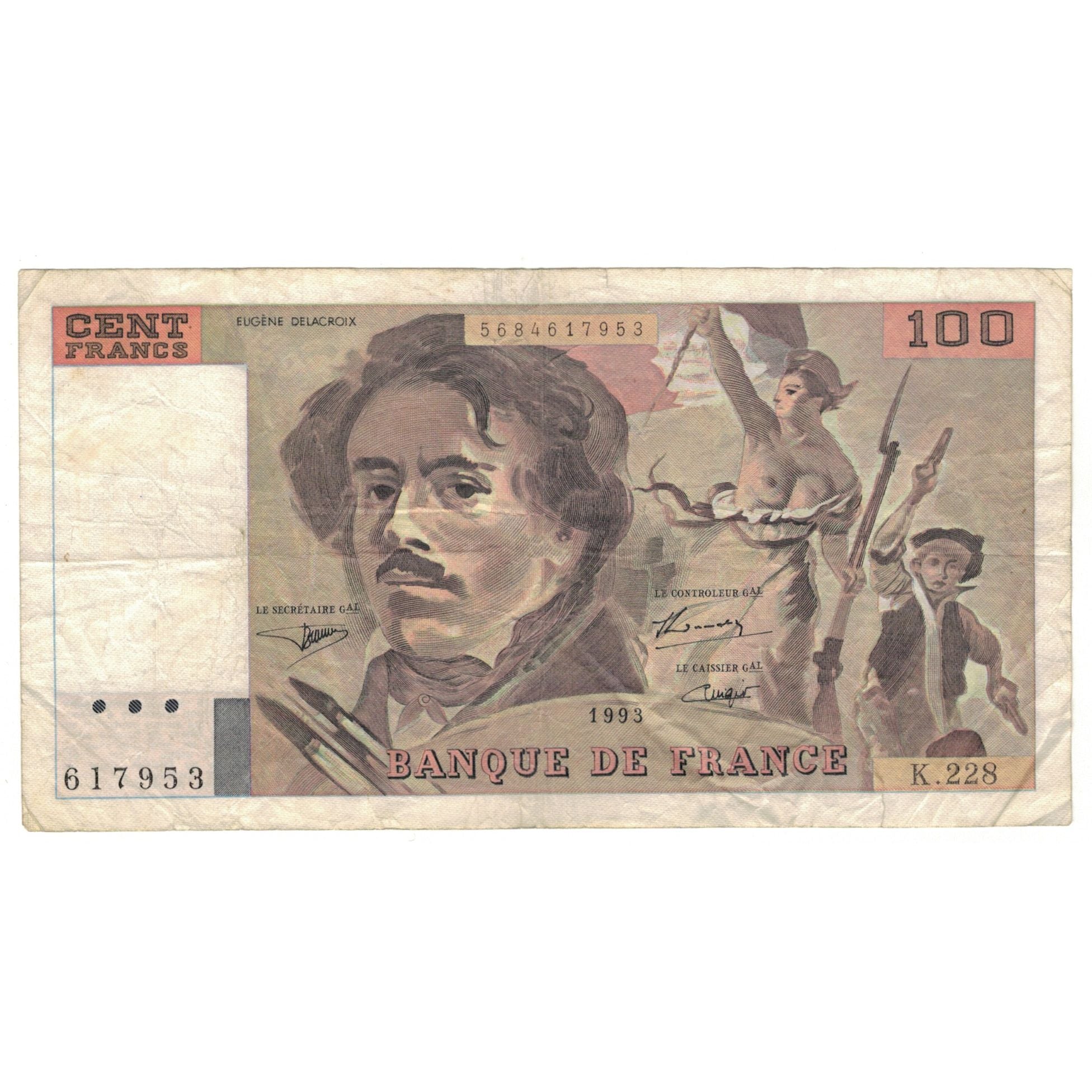 França, 100 Francs, Delacroix, 1993, K.228, VG(8-10), Fayette:69bis.8, KM:154g