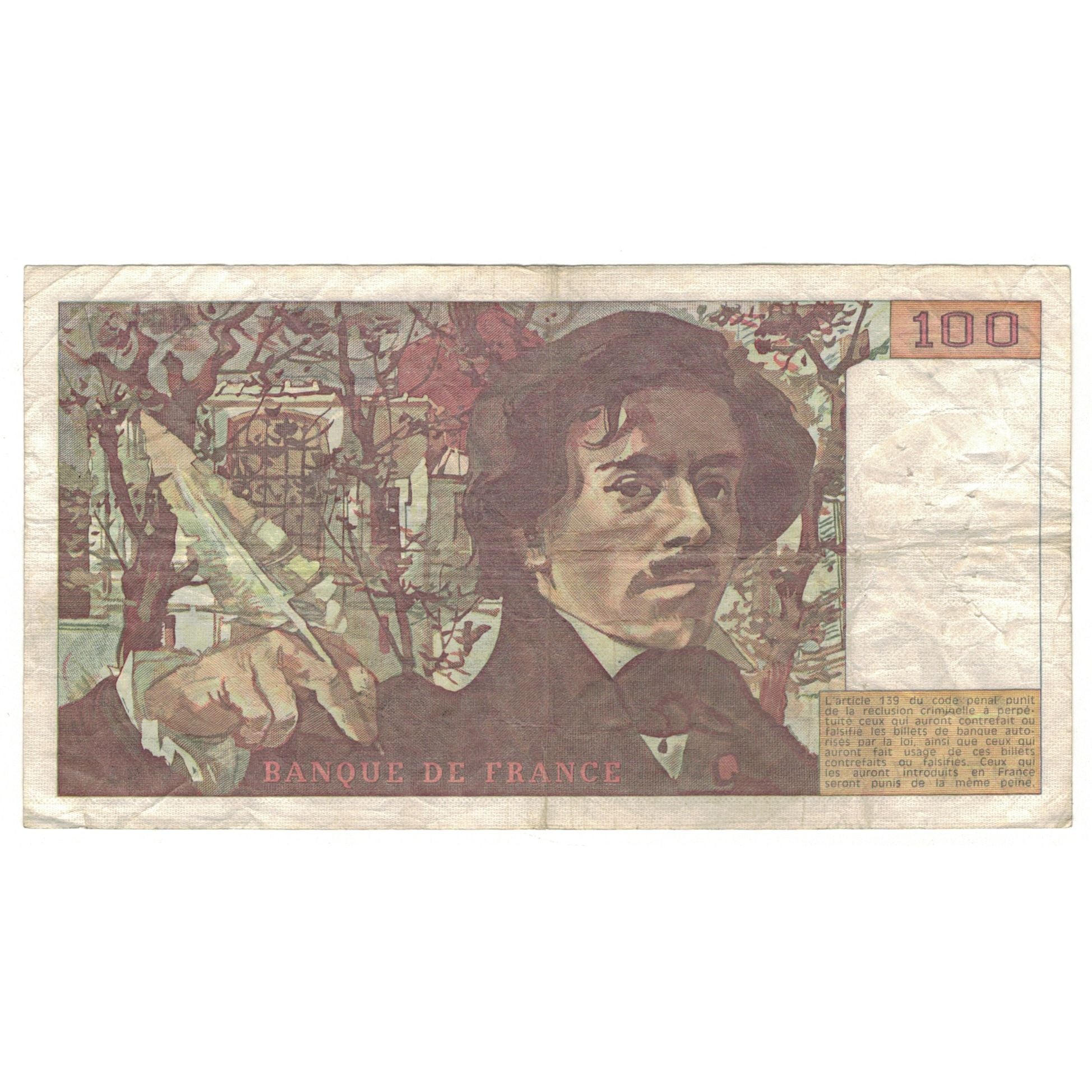 France, 100 Francs, Delacroix, 1980, V.34, B+, Fayette:69.4b, KM:154b