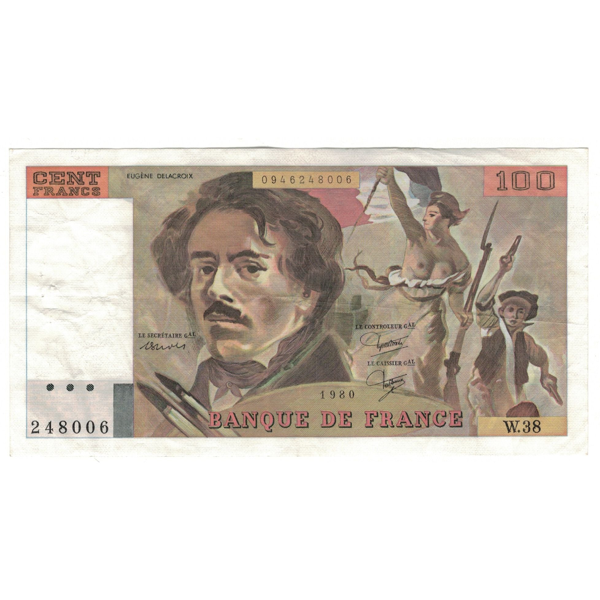 França, 100 Francs, Delacroix, 1980, W.38, EF(40-45), Fayette:69.4b, KM:154b
