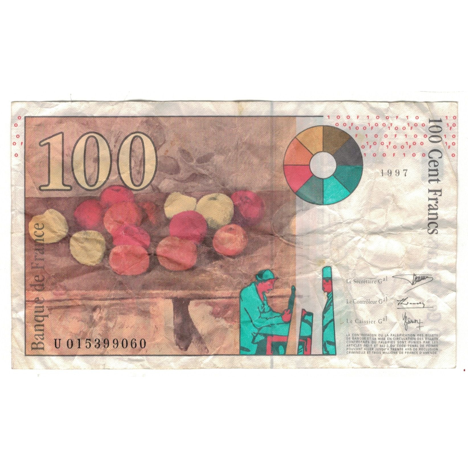 France, 100 Francs, Cézanne, 1997, U015399060, VG(8-10), Fayette:F74.01